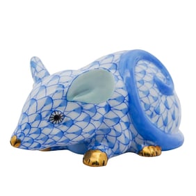 Herend Porcelain Blue Fishnet "Curly Tailed Mouse" Figurine