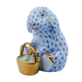 Herend Blue Fishnet Porcelain "Eggstravagant Rabbit" Figurine