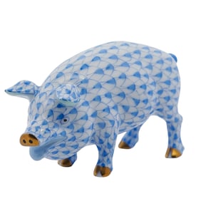 Herend Porcelain "Pig" Blue Fishnet Figurine