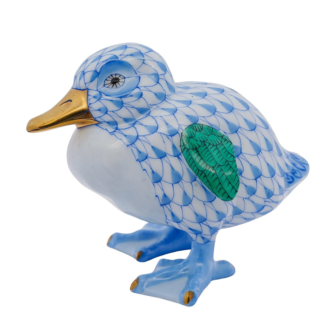 Herend Blue Fishnet "Little Duckling" Porcelain Figurine: Herend Blue Fishnet "Little Duckling" Porcelain Figurine 20th Century, Hungary. Herend blue fishnet "Little Duckling" porcelain figurine. Model number: #15834. Marked with Herend mark on the underside