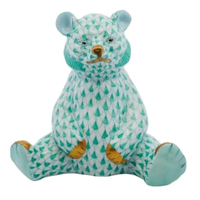 Herend Porcelain "Baby Bear Sitting" Green Fishnet Figurine