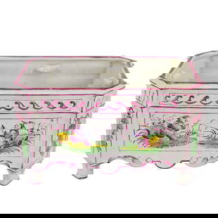French Hand Painted Porcelain Planter: French Hand Painted Porcelain PlanterEarly to mid 20th century, FranceFrench porcelain planter with hand-painted depictions of figures fishing, pink accents, and florals. Signed on bottom and marked "