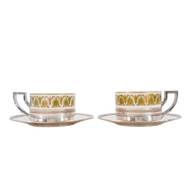 (4 Pc) French Limoges Porcelain Silver Plates Cups & Saucer Plates Set