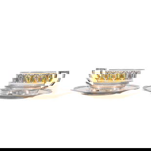 (4 Pc) French Limoges Porcelain Silver Plates Cups & Saucer Plates Set: (4 Pc) French Limoges Porcelain Silver Plates Cups & Saucer Plates Set20th Cent., France(4 Pc) French Limoges porcelain cups with silver plated cup liners, and saucers plates set. One cup is marked wi