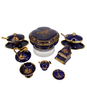 (8 pcs) Signed Limoges Cobalt Porcelain Table Articles