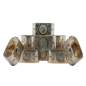 (11 pcs) Antique Silver Plated Neoclassical Medallion Napkin Rings