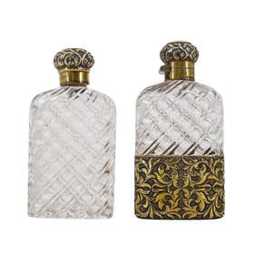 Pair of Thomas Woodhouse (English) Antique Gilt Sterling and Cut Glass Flasks