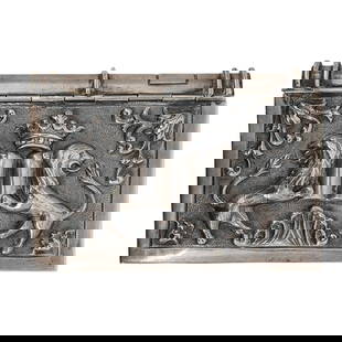 Sterling Silver Judaica Snuff Box: Sterling Silver Judaica Snuff BoxEarly to Mid 20th Century, ContinentalSterling silver Judaica snuff box. Features relief of lions and a crown on front cover and a simple filigree designed back cover.