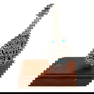 Dabbah Judaica Sterling Silver and Turquoise Lute Spice Box: Dabbah Judaica Sterling Silver and Turquoise Lute Spice BoxEarly to Mid 20th Century, IsraelDabbah Judaica branded handcrafted sterling silver and turquoise lute shaped spice box. Hinged bottom. Affix