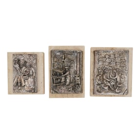(3 Pc) Sterling Silver Overlay Figural Plaques On Travertine Marble