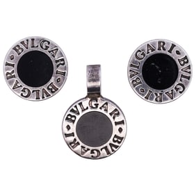 (3 pcs) Bulgari 950 Silver and Onyx Cufflink Earrings and Pendant