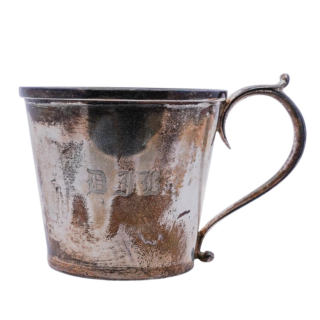 Tiffany & Co Sterling Silver Cup: Tiffany & Co Sterling Silver Cup 20th century, Italy Tiffany & Co. sterling silver cup with a single handle and engraved initials on the side "DJB 9-13-85". The bottom bears stamped including "Tiffany