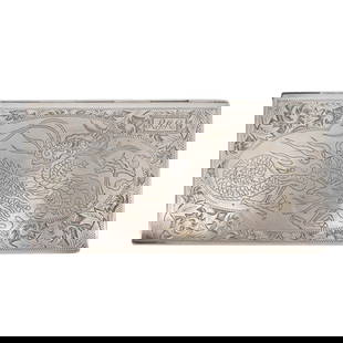 Sterling Silver Dragon Cigarette Case: Sterling Silver Dragon Cigarette Case20th century, ChinaSterling silver cigarette case with an engraved dragon motif. There is an engraved monogram "RJR" on the front. Rectangular form with rounded ed