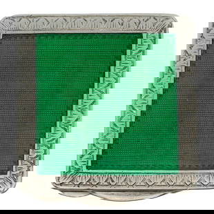 Italian Sterling Silver Pill Box: Italian Sterling Silver Pill Box20th Century, ItalyItalian Sterling Silver Pill Box. Designed with square form, and green enamel accents on the lid. Marked with Italian sterling silver hallmarks from