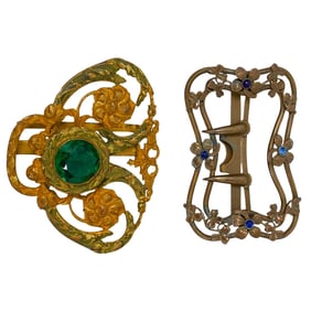 (2 Pc) Antique Art Nouveau Brass & Stone Belt Sash Slide Buckles