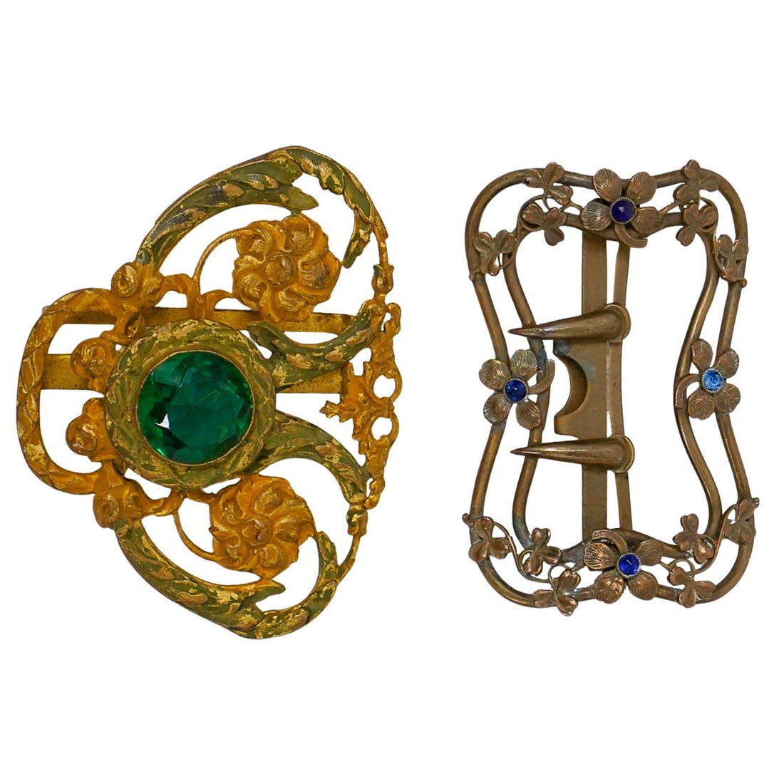 (2 Pc) Antique Art Nouveau Brass & Stone Belt Sash Slide Buckles: (2 Pc) Antique Art Nouveau Brass & Stone Belt Sash Slide BucklesEarly 20th Cent, USA(2 Pc) A pair of antique Art Nouveau brass and stone insert belt sash slide buckle. One is designed with a large gre