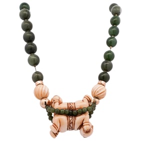 Chinese Beaded Jade Necklace with 14k Gold Accents and Carved Bone Beading