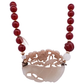 Antique Red Agate, 14k Gold, and Jade Beaded Necklace