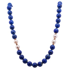 Antique Lapis Lazuli and Pearl Beaded Necklace with Gold Accents