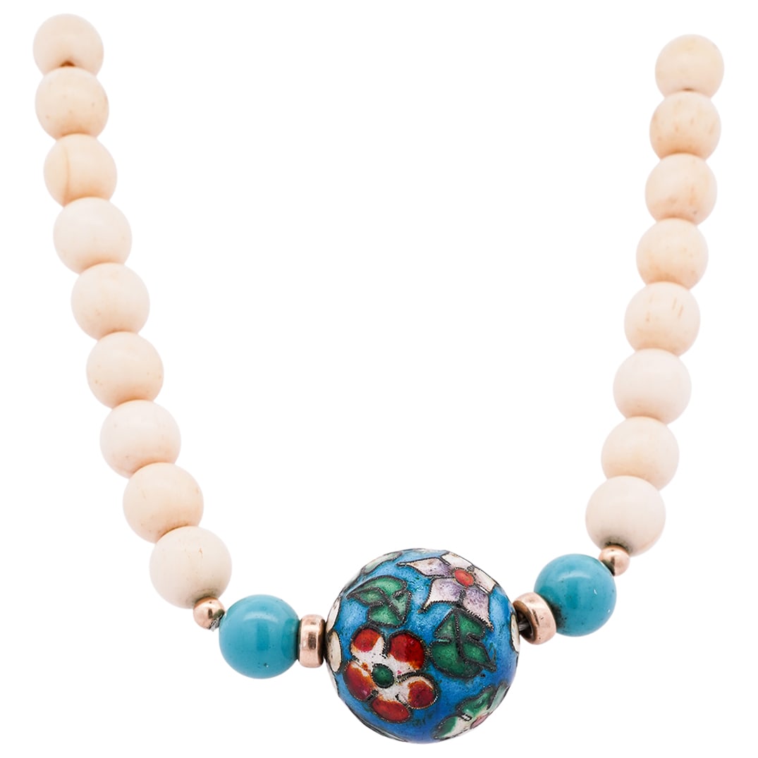 Antique Chinese Carved Bone Necklace with Turquoise, 14k Gold and Cloisonne Bead: Antique Chinese Carved Bone, Cloisonne and 14k Gold NecklaceEarly to mid 20th century, ChinaAntique Chinese carved beaded bone necklace with 14k gold accent beads and turquoise accent beads. In center