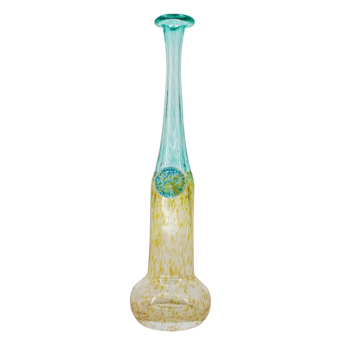 Kosta Boda Bertil Vallien Wind Pipe Vase: Kosta Boda Bertil Vallien Wind Pipe Vase20th Century, SwedenIt is a hand-blown art glass vase with an elongated form, featuring shades of green and yellow. It also has a round blue figure on the side