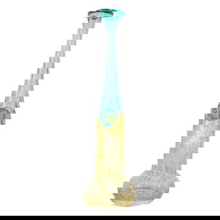Kosta Boda Bertil Vallien Wind Pipe Vase: Kosta Boda Bertil Vallien Wind Pipe Vase20th Century, SwedenIt is a hand-blown art glass vase with an elongated form, featuring shades of green and yellow. It also has a round blue figure on the side