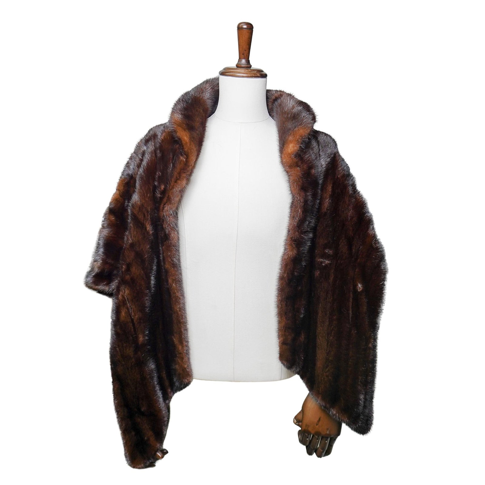 Pair of Fur Vest Shrug Coats: Pair of Fur Vest Shrug Coats 20th century, Continental Pair of fur vest style shrug coats. One is lighter and marked "Abraham & Straus" on tag. Silk lining. Lining embroidered with monogram reading "A