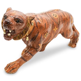 Vintage Large Paper Mache Tiger W/ Louis Vuitton Painted Motifs