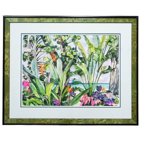 Eileen Seitz (b. 1951, American) Tropical Floral Beach Landscape Watercolor and Ink