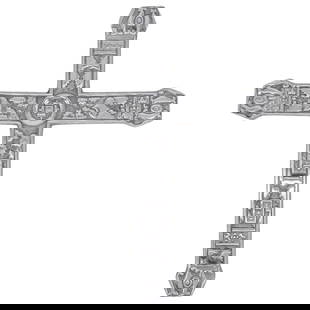 Carved Metal Crucifix: Carved Metal CrucifixEarly to mid 20th century, ContinentalCarved metal crucifix with decorative design elements throughout.L 15 3/4" W 12 3/4"