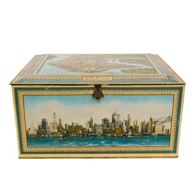 Antique "Aeroplane View of Manhattan" Large Biscuit Tin