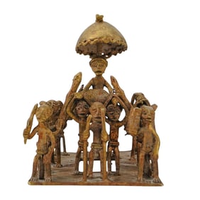 Vintage African Benin Bronze Tribal Group Figural Sculpture