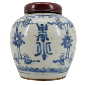 Qing Dynasty Blue & White Porcelain Long Life Ginger Jar
