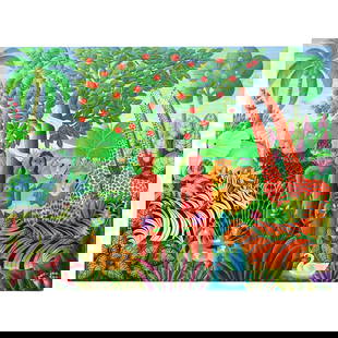 Signed Haitian Painting: Signed Haitian Painting20th century, HaitiOil painting on canvas, vibrant and depicting Adam and Eve in the jungle among animals. Unframed. It is signed on the lower right corner.H: 20 1/4" W: 40"