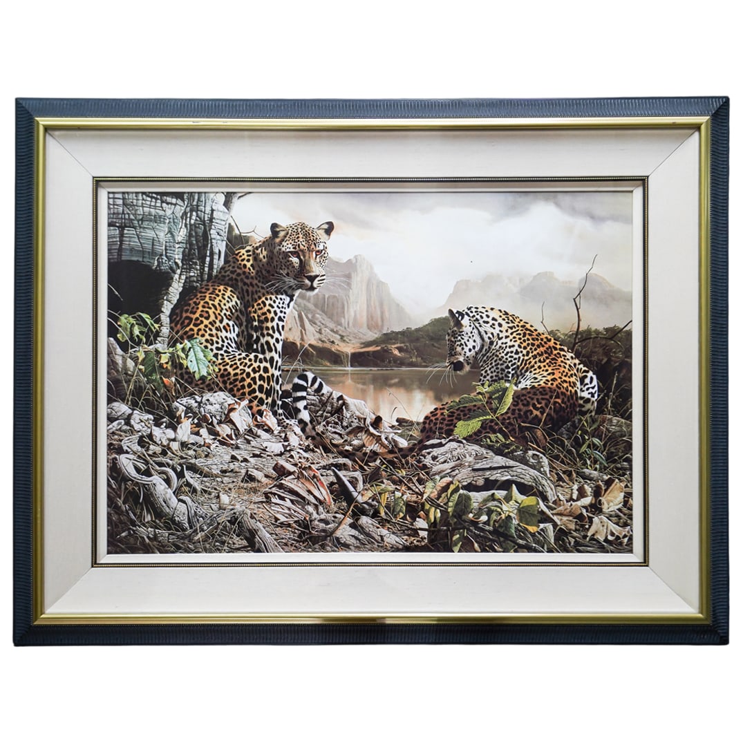 Craig Bone (b. 1955, Zimbabwe) "Leopard Sentry" Signed Framed Giclee Print: Craig Bone (b. 1955, Zimbabwe) "Leopard Sentry" Signed Framed Giclee Print1990's, African/AmericanCraig Bone (b. 1995, born in Zimbabwe, active now in United States) "Leopard Sentry" signed art print.