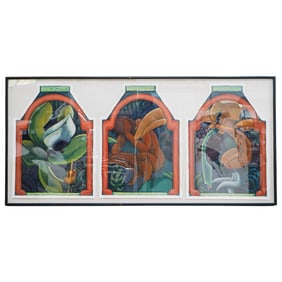 Haitian School Large Tropical Figural "Non Finito" Three Paneled Oil on Canvas