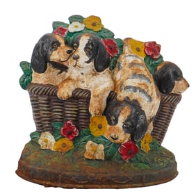 Antique Puppies in Basket Cast Iron Doorstop