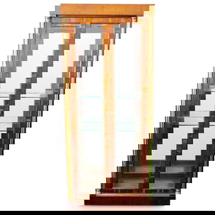 Romweber Burl Wood and Brass Showcase: Romweber Burl Wood and Brass ShowcaseLate 20th Cent, USAA Romweber Burl wood show case accented with gilt brass columns, and opens to reveal two glass shelves with light inserts along the ceiling. Aff