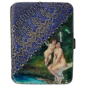 Antique Silver Filigree And Enamel Card Holder