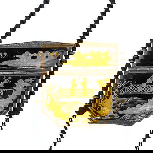 Walser Wald Y Cia Chinoiserie Silver Compact Vanity Pendant: Walser Wald Y Cia Chinoiserie Silver Compact Vanity Pendant1920s-1930s, South AmericaSilver chinoiserie makeup compact hanging on a twisted rope cord with a compartment containing a lipstick case and