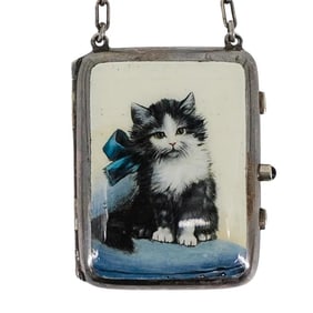 Antique Silver Hand Painted Cat Compact Vanity