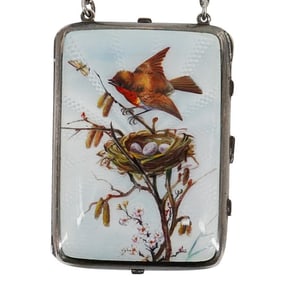 Antique Silver And Enamel Bird Compact