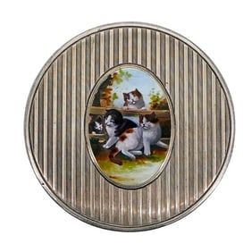 Antique Silver & Enamel Cat Pill Box