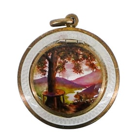 Antique Silver Enamel Compact Mirror Pendant