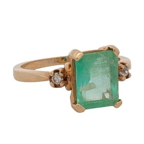 14K Gold Three-Stone Emerald & Diamond Ring
