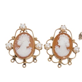 14K Gold & Pearl Cameo Screw-Back Earrings