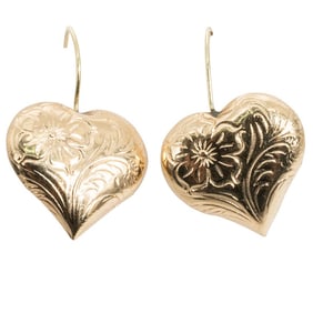 14K Gold Floral Heart Drop Earrings
