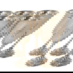 (5 pc) Watson Company (American) Sterling Silver Goblets: (5 pc) Watson Company (American) Sterling Silver Goblets1874-1905, AmericanSet of five Watson Company (American, established 1874) sterling silver goblets. Each goblet as an engraved design on front.