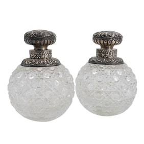(2 Pc) Antique Sterling Silver And Cut Crystal Bottles