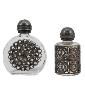 (2 Pc) Antique Silver And Glass Perfume Bottles